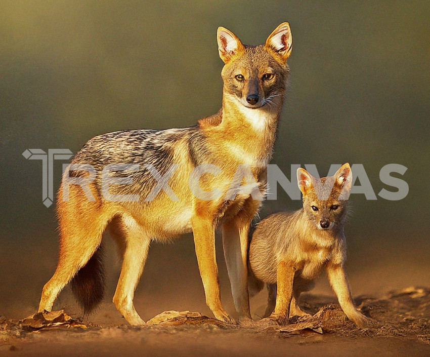 Mother Golden jackal with a baby