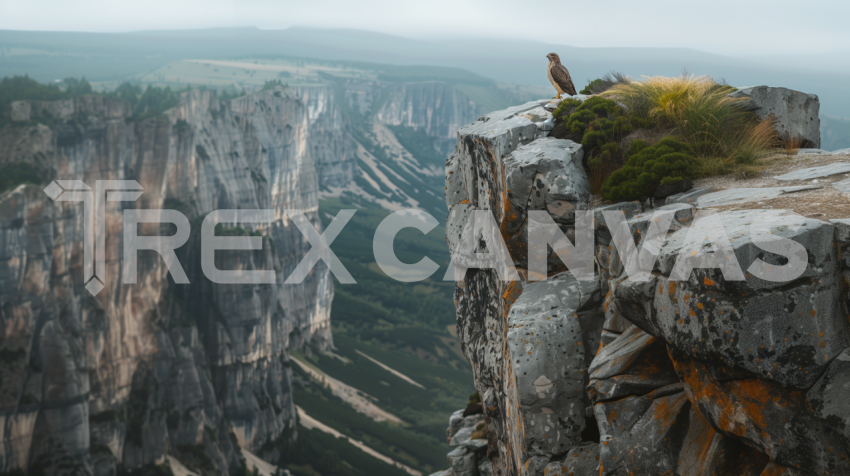 A hawk perched high on a rocky cliff scanning the horizon