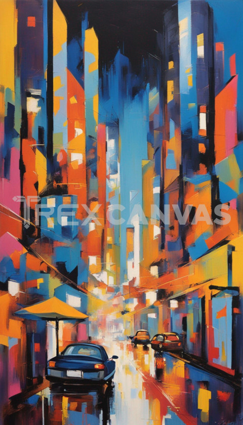 abstract painting presents a vivid urban scene