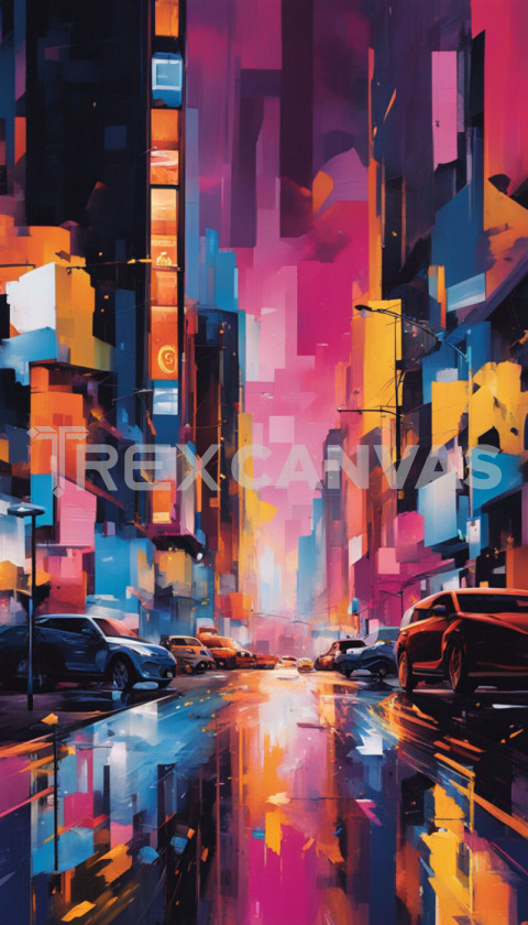 abstract painting presents a vivid urban scene