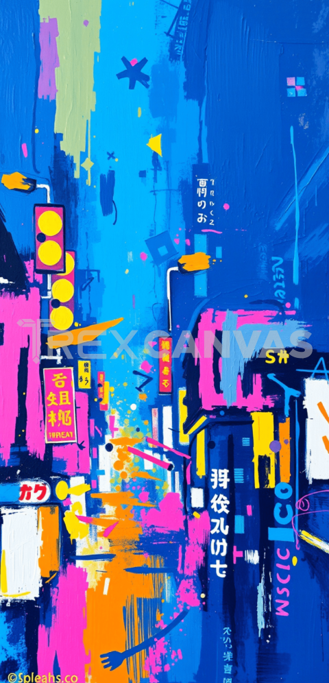 abstract painting presents a vivid urban scene