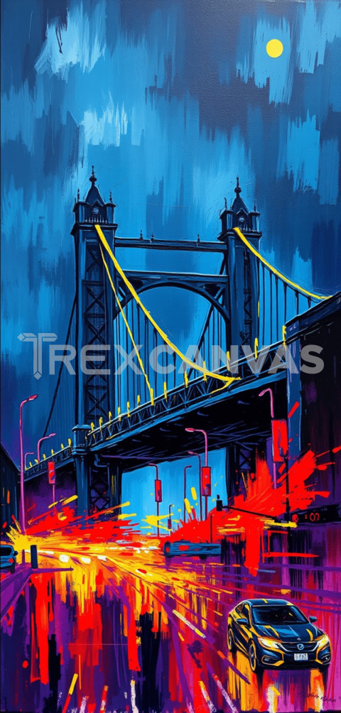 abstract painting presents a vivid urban scene