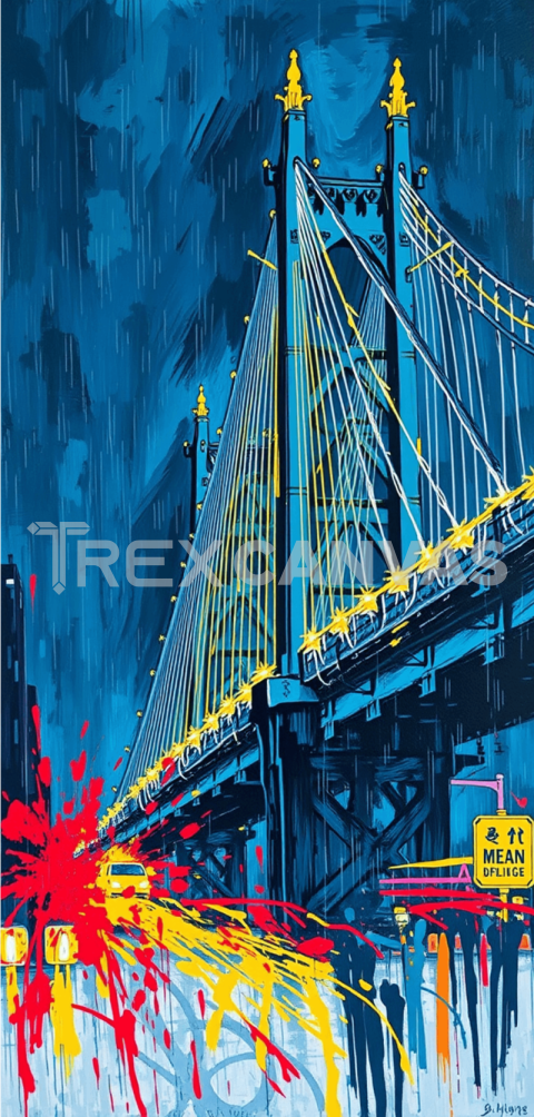 abstract painting presents a vivid urban scene