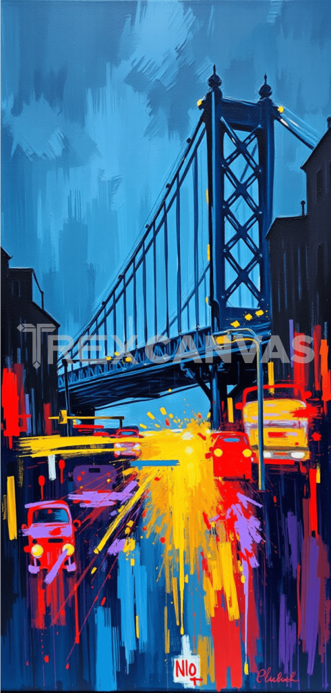 abstract painting presents a vivid urban scene