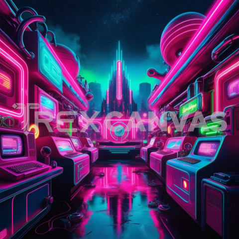 retrofuturistic 80s neon dreamscape rendered in bold 3