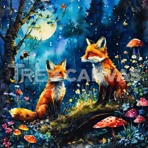 forest at night two foxes