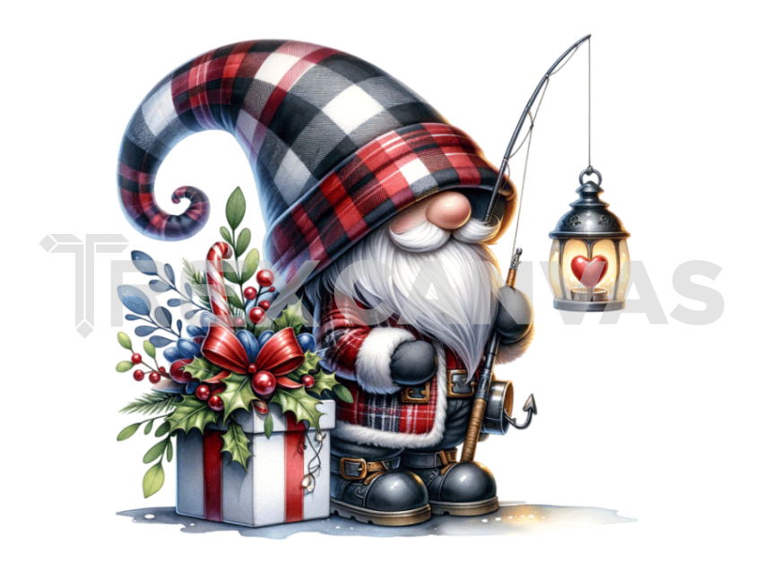 Gnome's fishing Christmas  with a hat covering his face isolated and cut-out on white background