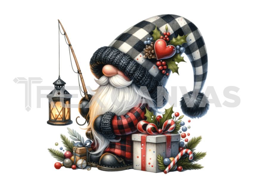 Gnome's fishing Christmas  with a hat covering his face isolated and cut-out on white background