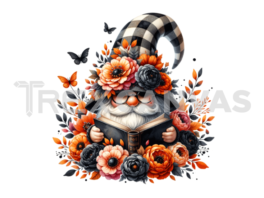 Floral Crown gnome with a hat covering his face isolated and Reading a  Book and flowers