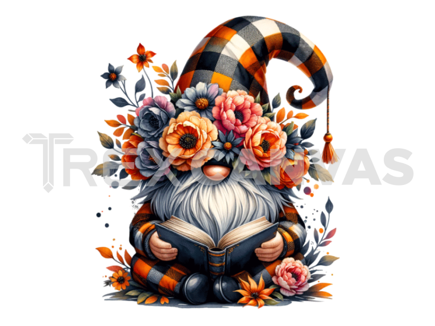 Floral Crown gnome with a hat covering his face isolated and Reading a  Book and flowers