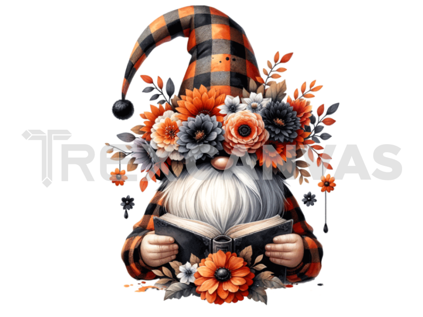 Floral Crown gnome with a hat covering his face isolated and Reading a  Book and flowers