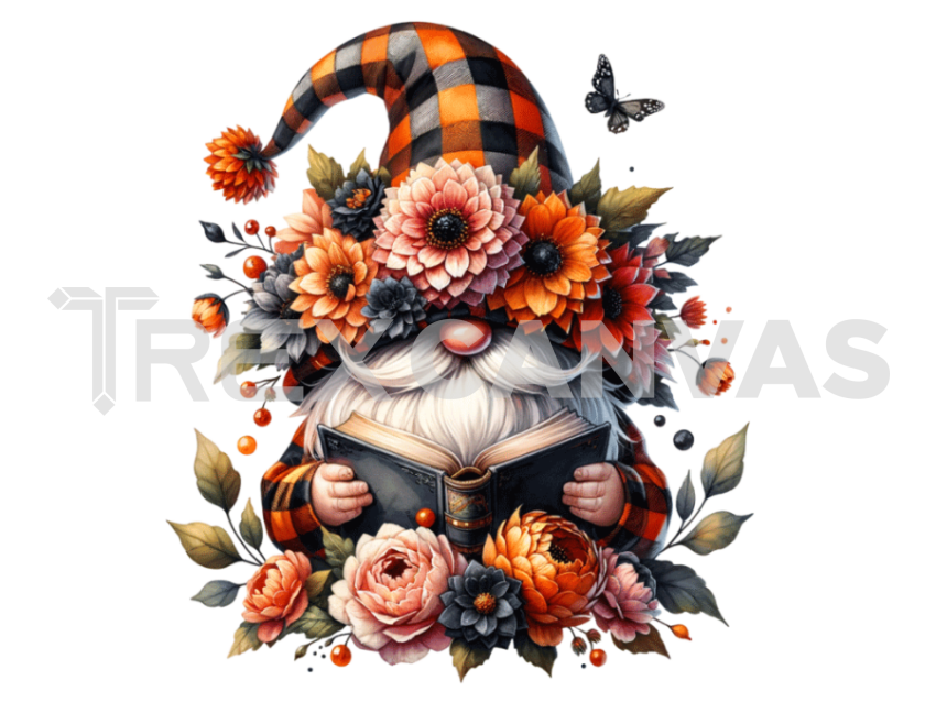 Floral Crown gnome with a hat covering his face isolated and Reading a  Book and flowers