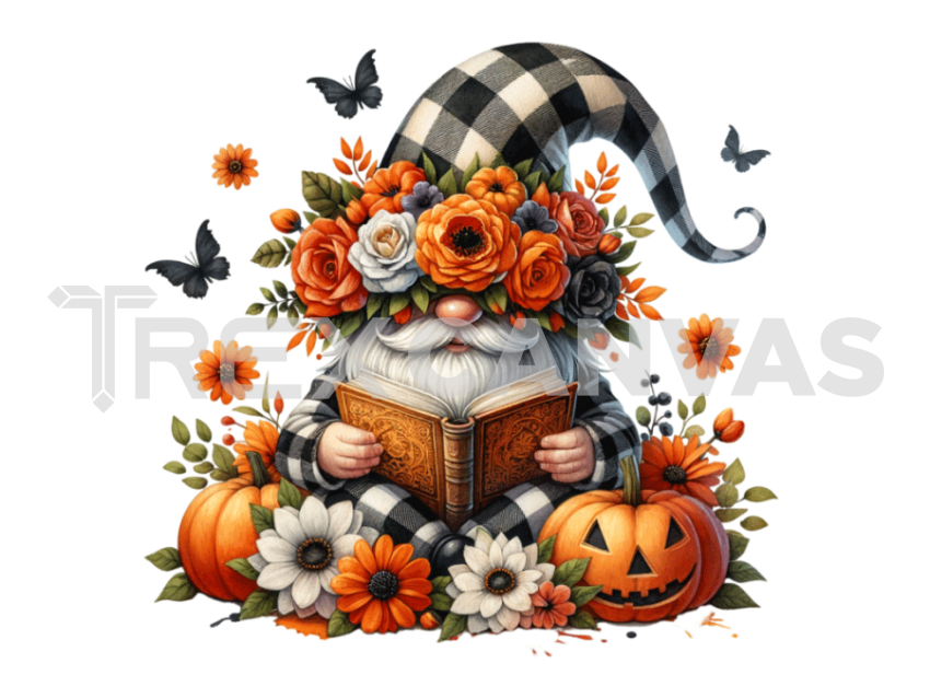 Floral Crown gnome with a hat covering his face isolated and Reading a  Book and flowers