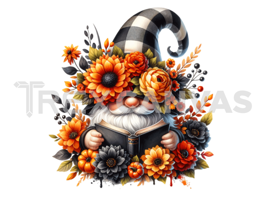 Floral Crown gnome with a hat covering his face isolated and Reading a  Book and flowers