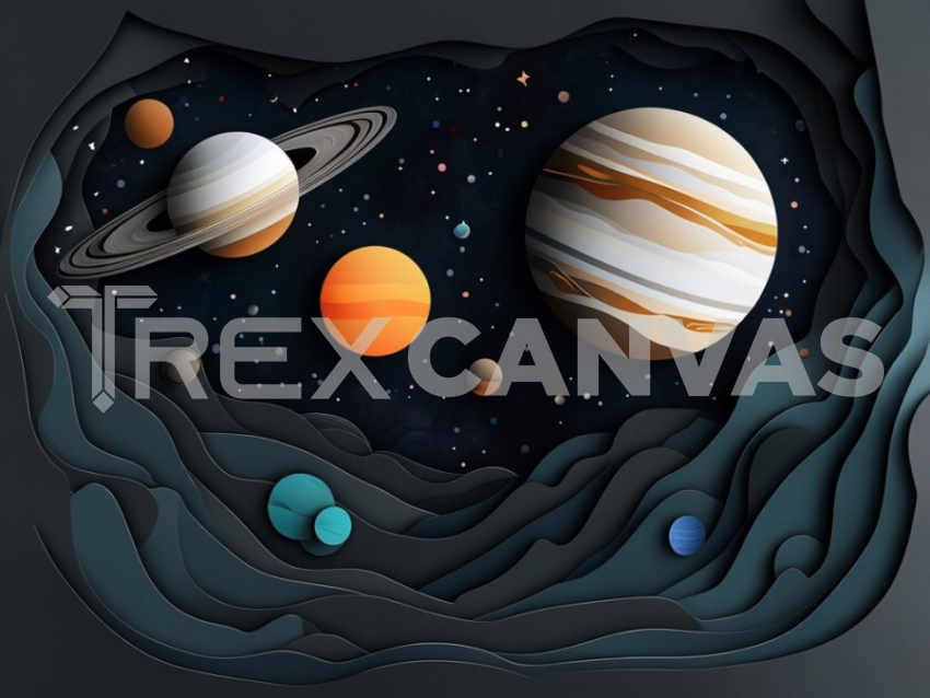 Celestial Digital Artwork Featuring Layered Paper Cut Planets