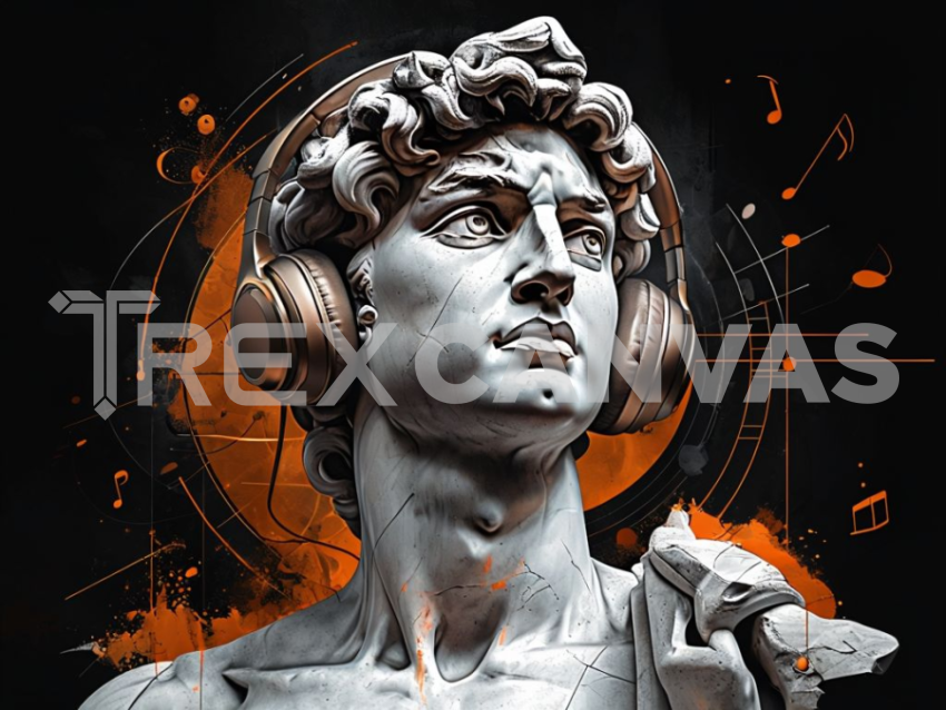 David Bust Wearing Bronze Headphones Amid Abstract Orange Patterns