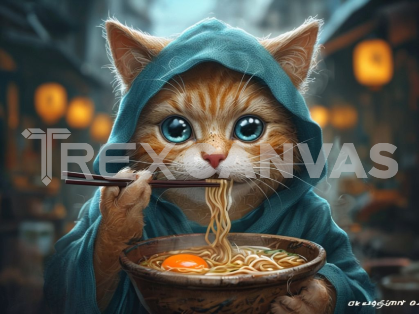 Whimsical Ginger Cat In Teal Robe Eating Ramen