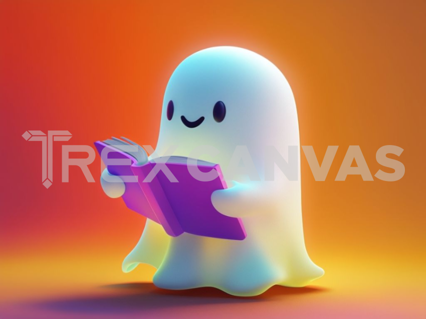 Whimsical Ghost Reading Book With Vibrant Gradient Background