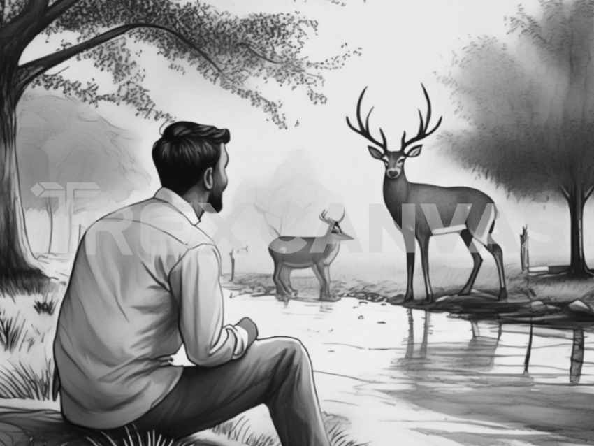 A man is sitting peacefully on the bank of a lake and looking at two deer.