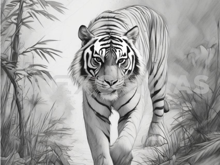 Walking tiger in forest pencil portrait