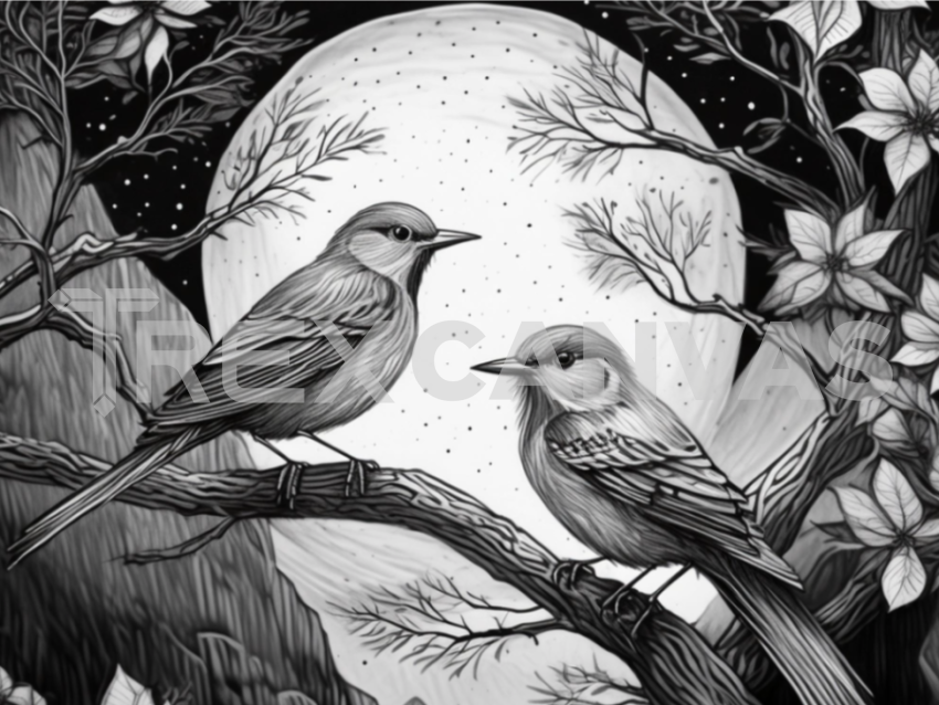 Two birds sited on tree branch pencil portrait