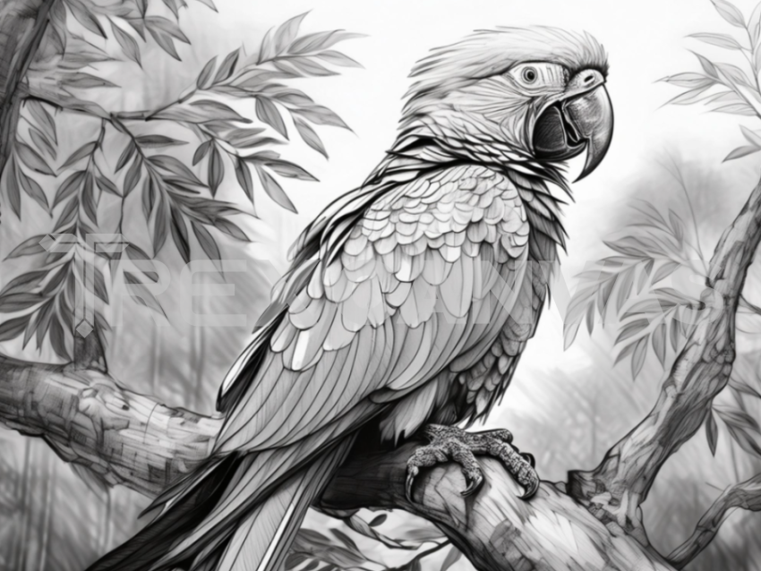 A pencil portrait of a parrot sited on tree branch