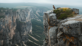 A hawk perched high on a rocky cliff scanning the horizon