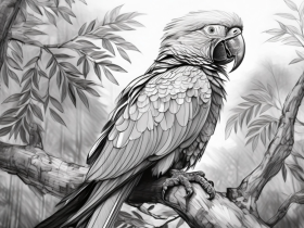 A pencil portrait of a parrot sited on tree branch