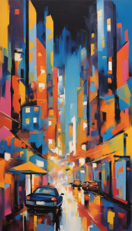 abstract painting presents a vivid urban scene