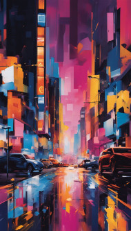 abstract painting presents a vivid urban scene