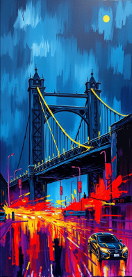 abstract painting presents a vivid urban scene