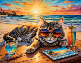 Beach Cat Sunset Chill Feline Vacation Cattitude Beach Bum