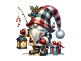 Gnome's fishing Christmas  with a hat covering his face isolated and cut-out on white background