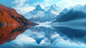 Majestic mountains reflected perfectly in the calm water