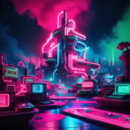 retrofuturistic 80s neon dreamscape rendered in bold 0