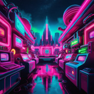 retrofuturistic 80s neon dreamscape rendered in bold 3