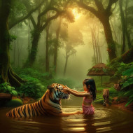 Tiger playing with girl