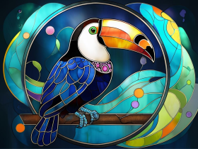 Vibrant Stained Glass Toucan Perched on Colorful Branch