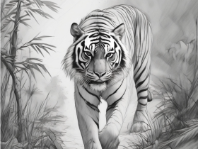 Walking tiger in forest pencil portrait