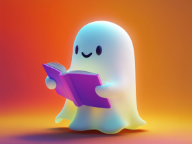 Whimsical Ghost Reading Book With Vibrant Gradient Background