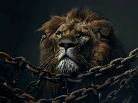 wrapped up chains around lion dark background